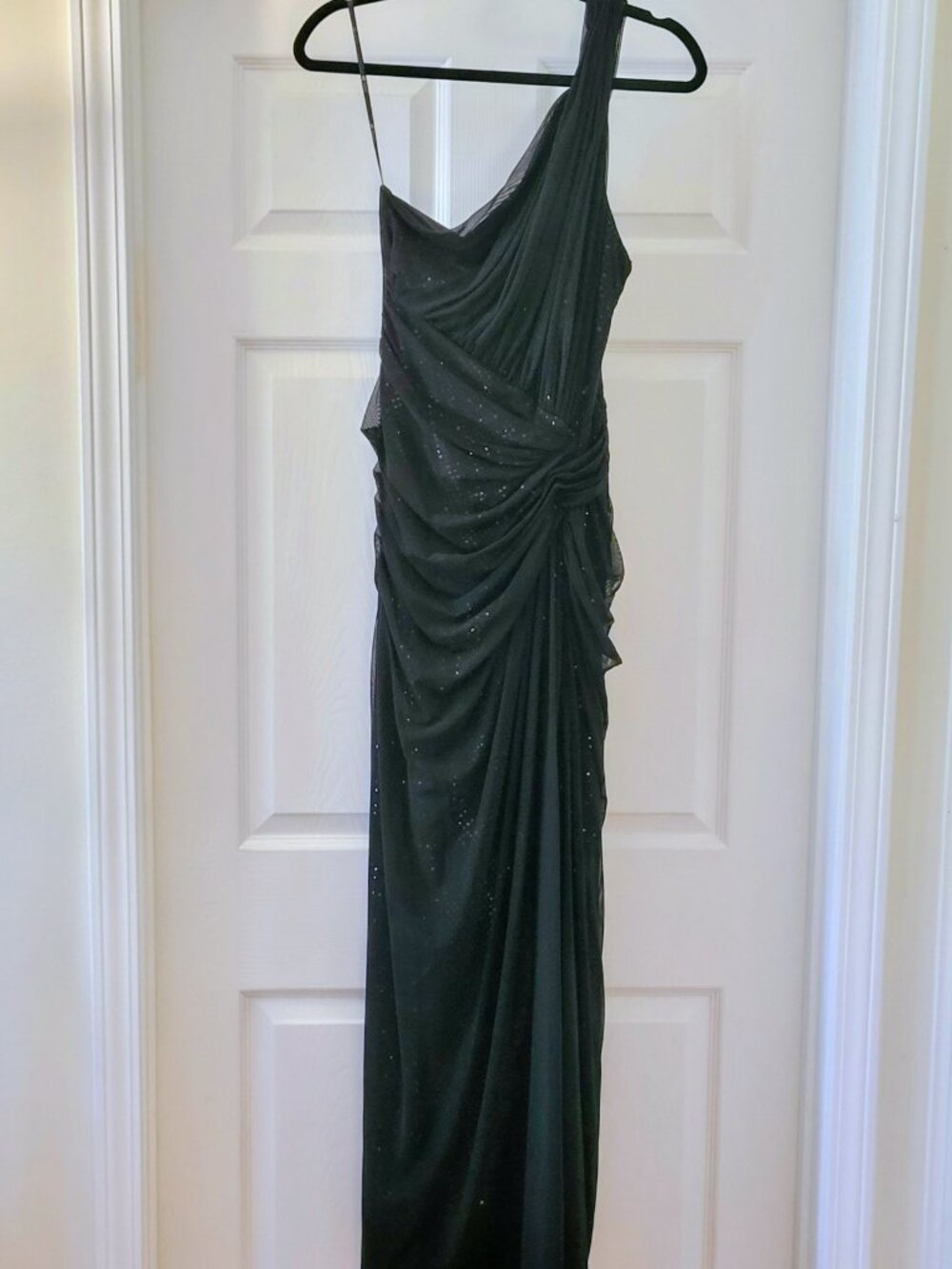 Tadashi Black Ruched Draped One Shoulder Sparkle Evening Gown, Size 8